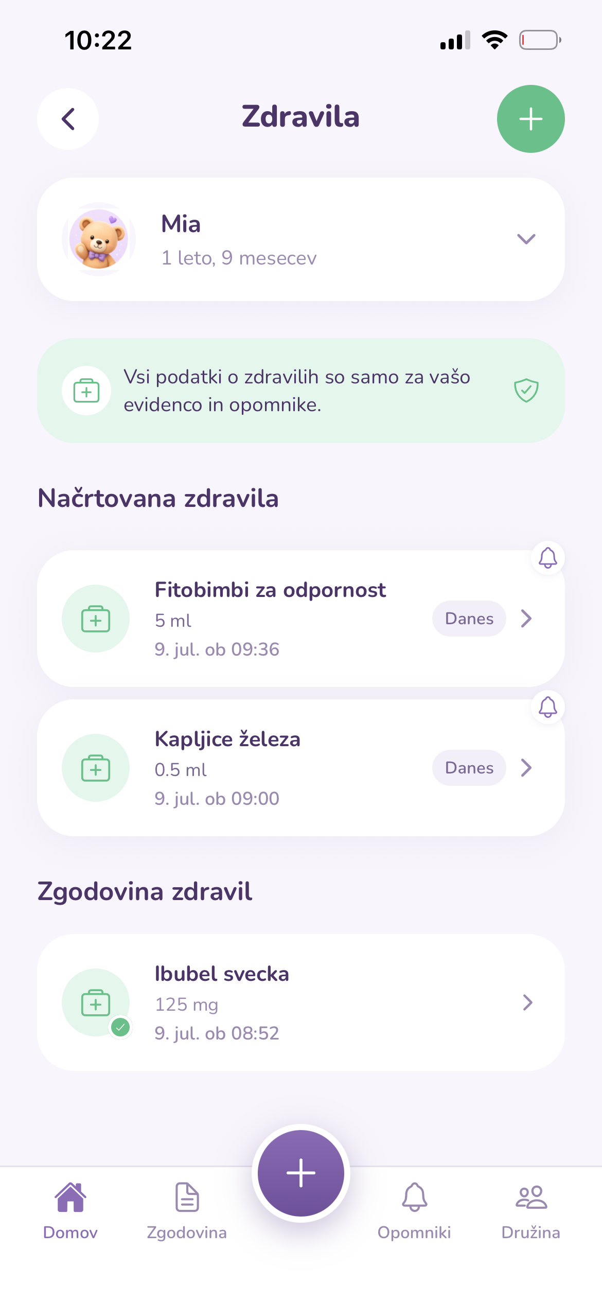 Opomniki in zgodovina zdravil v aplikaciji