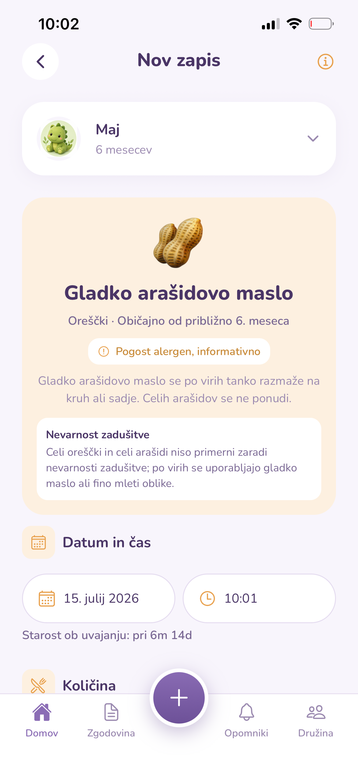 Splošne informacije o živilih v aplikaciji