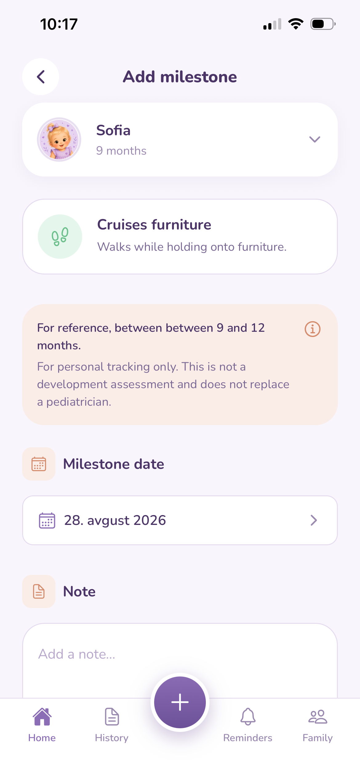 Informational age ranges for developmental milestones in the app