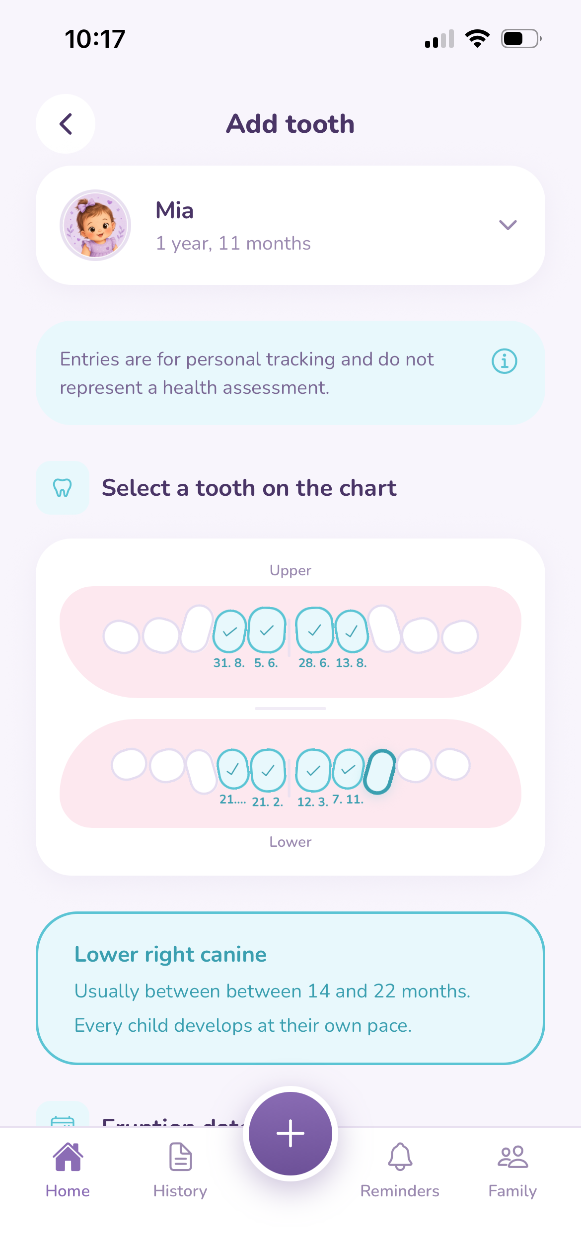Informational baby tooth eruption guidance in the app
